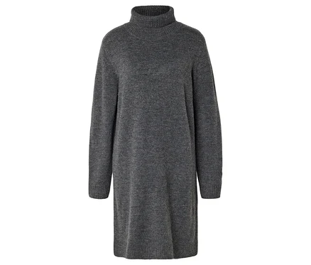 Robe pull col roulé en maille gris foncé à manches longues, sur fond blanc.