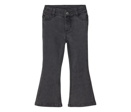 Jean évasé gris foncé pour enfant avec de petits clous sur le bas des jambes, une fermeture boutonnée et zippée et des poches avant.