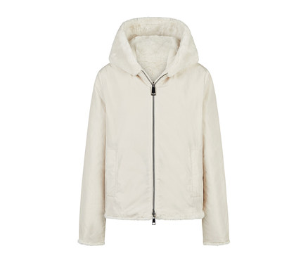 Veste réversible claire avec capuche et doublure moelleuse, fermeture éclair.