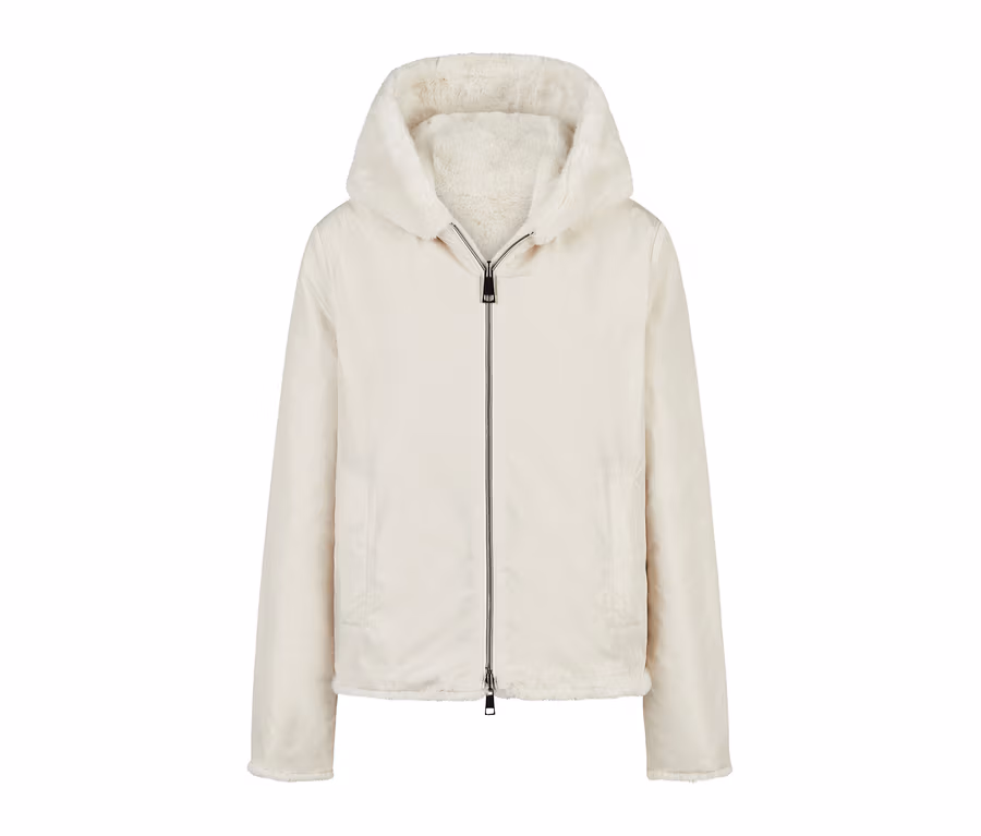 Veste réversible claire avec capuche et doublure moelleuse, fermeture éclair.