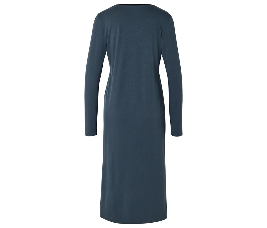 Robe midi unie bleu foncé à manches longues, vue de dos.