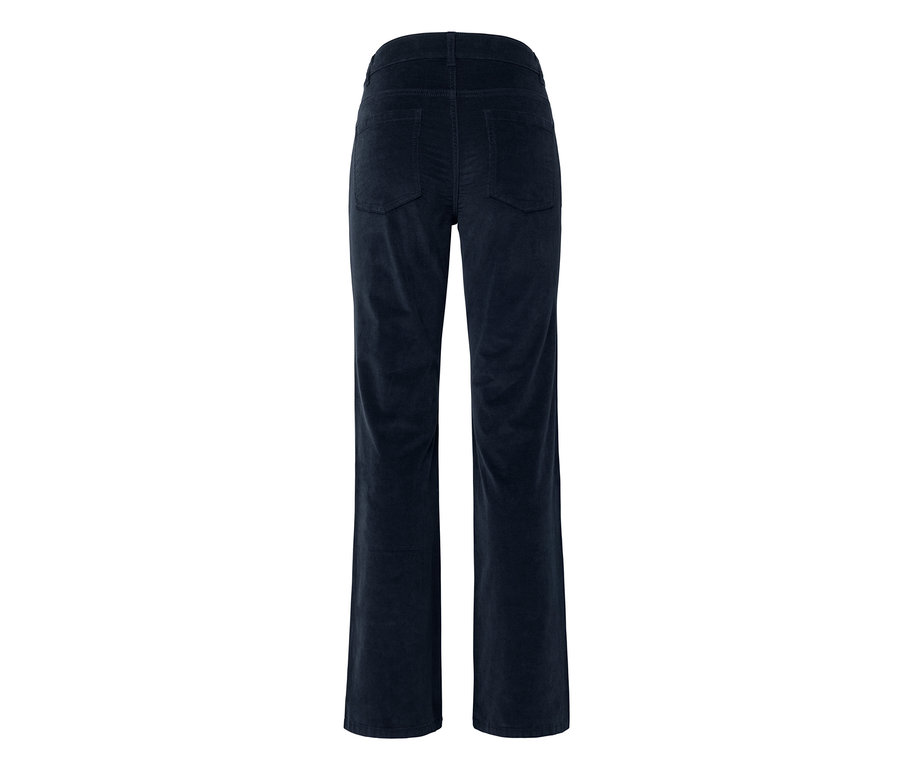 Pantalon en velours côtelé bleu foncé, vue de dos, avec jambes droites et poches arrière.