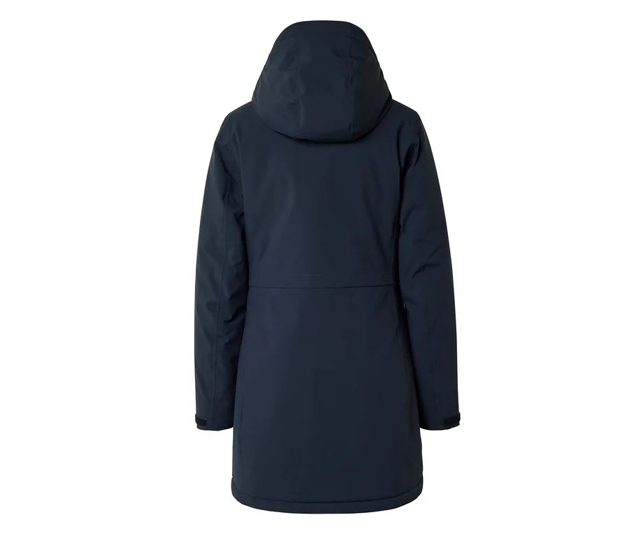 Longue veste bleu foncé vue de dos, avec une capuche et une couture horizontale à la taille.