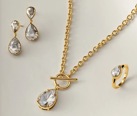 Collier, boucles d'oreilles et bague dorés avec des pierres claires en forme de larme sur fond blanc.
