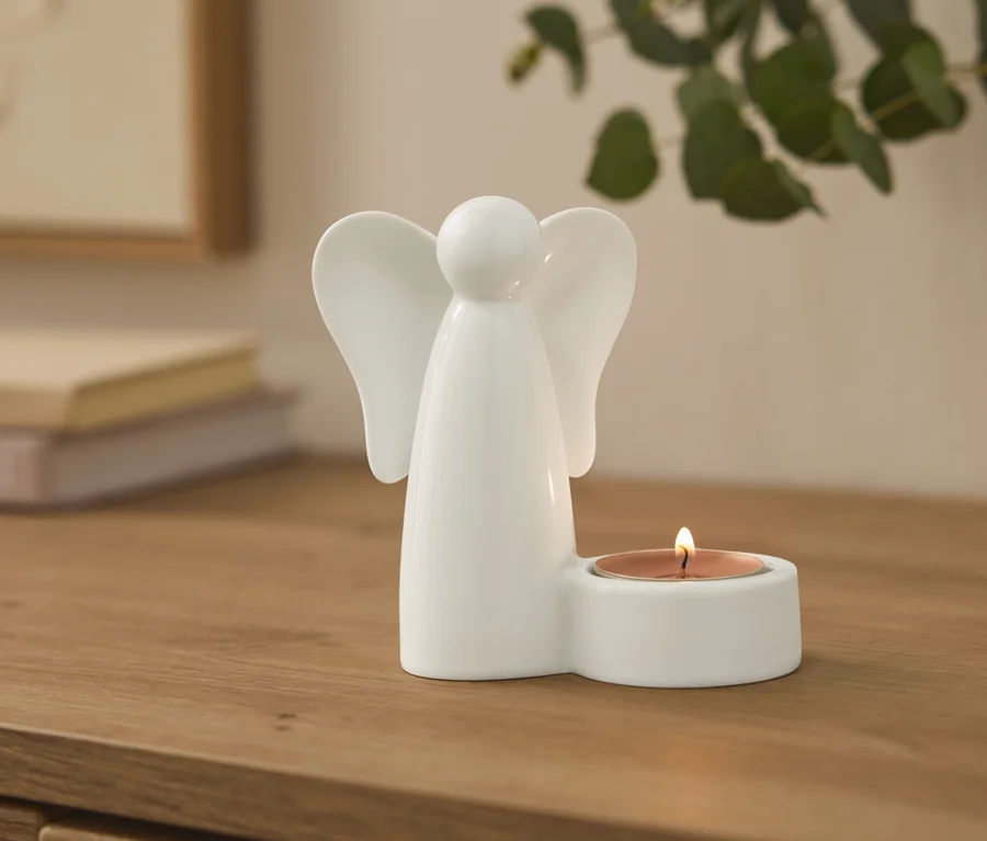 Bougeoir en céramique blanche en forme d'ange avec une bougie chauffe-plat allumée sur une surface en bois. Des livres flous et une plante sont en arrière-plan.