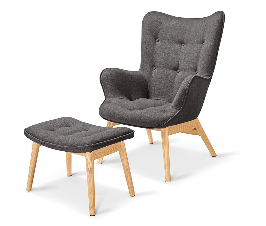 Fauteuil individuel gris foncé avec repose-pieds sur fond clair.