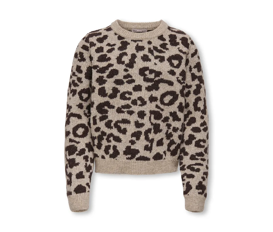 Pull beige à col rond avec un motif léopard marron foncé.