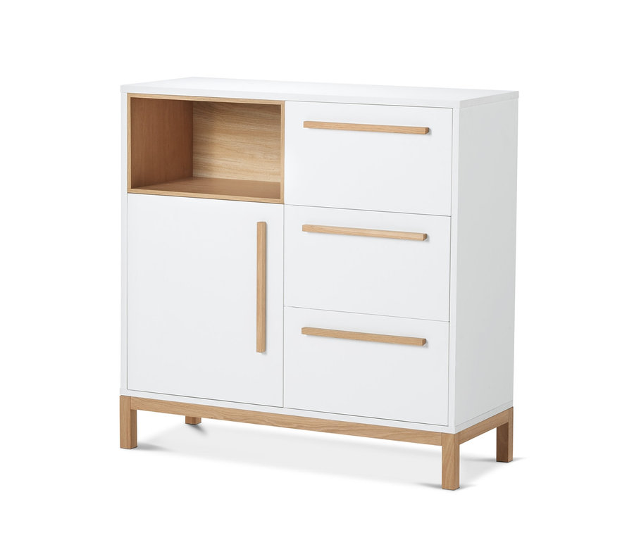 Meuble bas pour la salle de bain blanc avec une porte, une étagère ouverte et trois tiroirs.