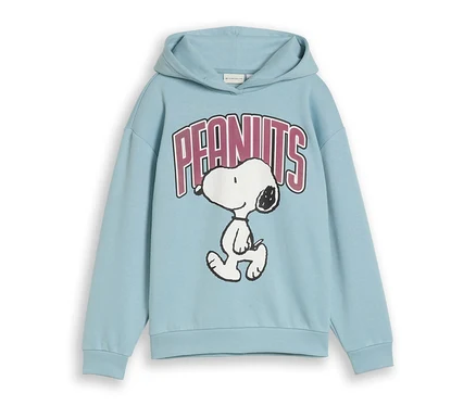 Sweat à capuche bleu clair avec imprimé Snoopy et le texte 'PEANUTS'.