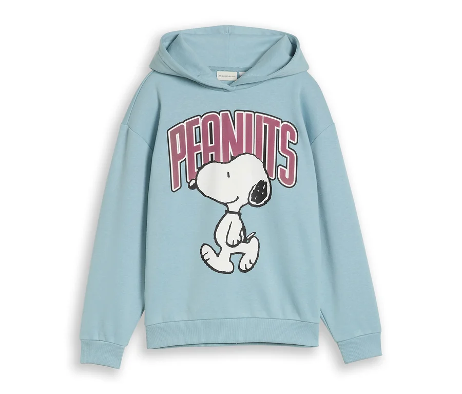 Sweat à capuche bleu clair avec imprimé Snoopy et le texte 'PEANUTS'.