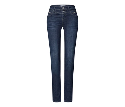 Jean Street One bleu foncé avec ceinture et boutons visibles.