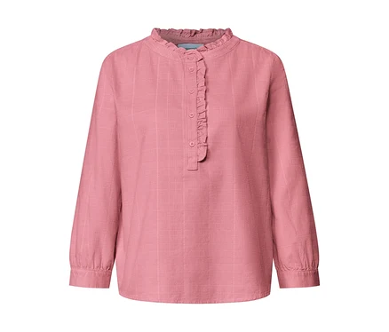 Chemisier Street One en velours côtelé rose pâle avec col à volants et patte de boutonnage.
