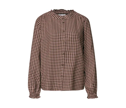 Blouse Street One à manches longues, motif à carreaux marron-rose, col et poignets volantés.