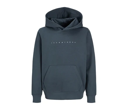 Sweat à capuche Jack&Jones Star gris foncé avec capuche, poche kangourou et logo Jack&Jones blanc sur la poitrine.