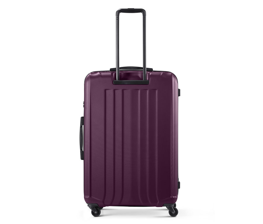 Vue arrière d'une valise rigide de grande taille avec poignée extensible.