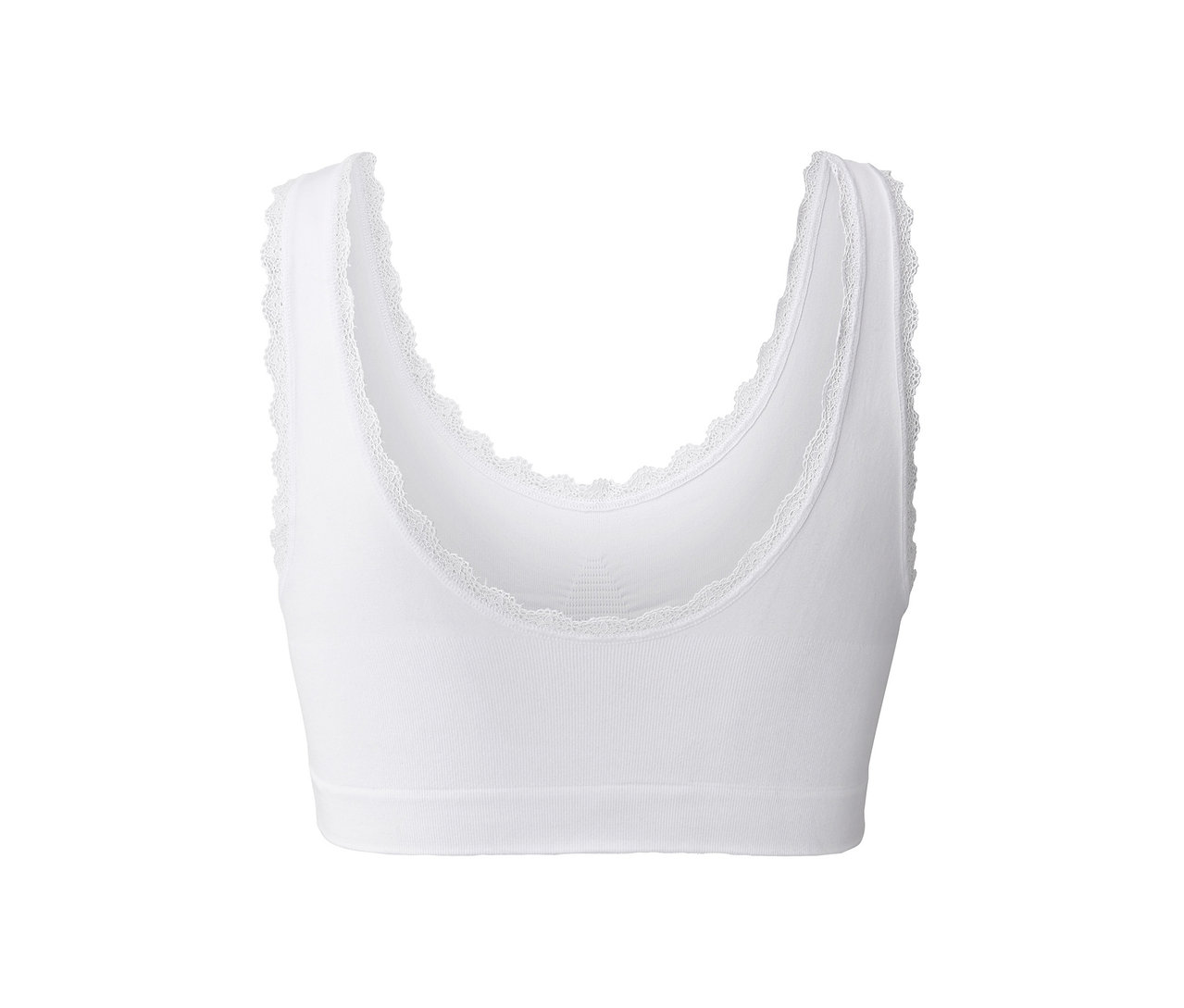 Gros plan d'une brassière « Seamless » blanche avec bordure en dentelle.