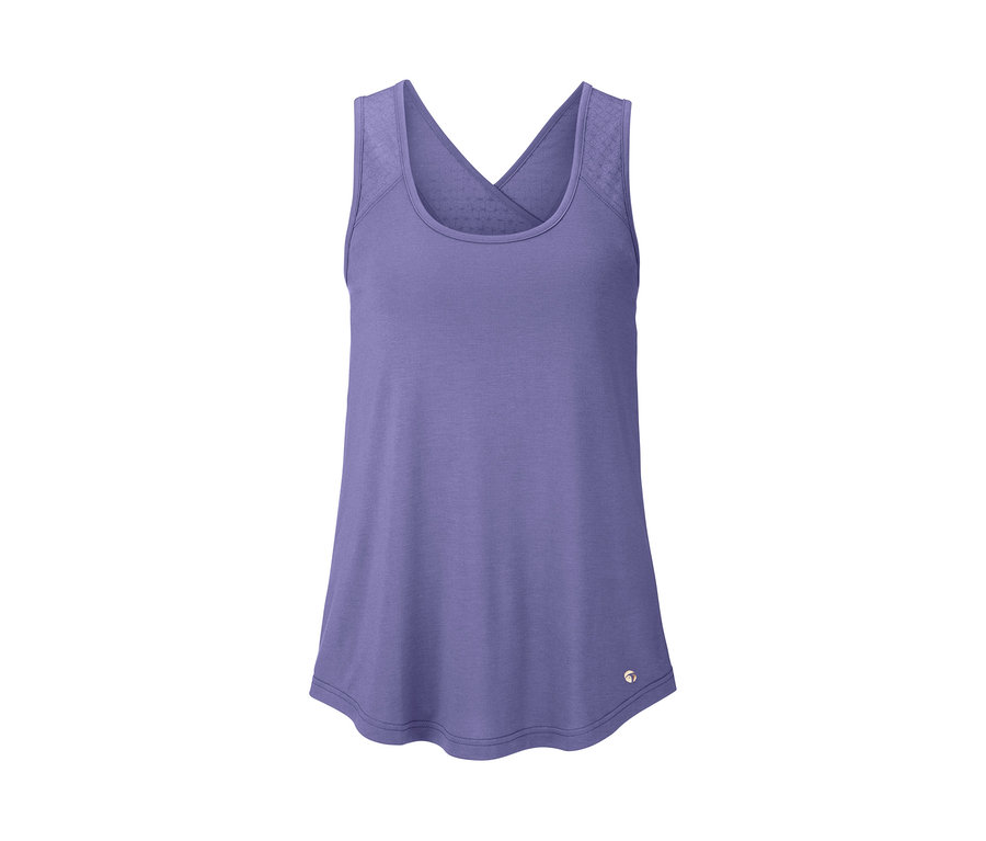 Débardeur de fitness violet avec bretelles croisées dans le dos.