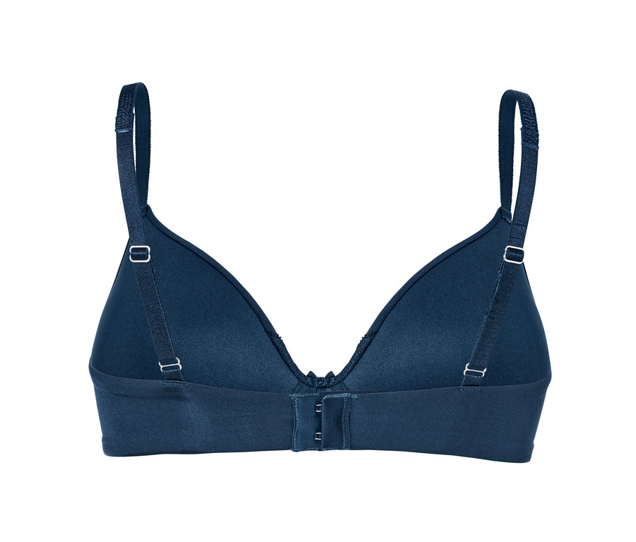 Vue détaillée de l'arrière d'un soutien-gorge bleu à coques souples.