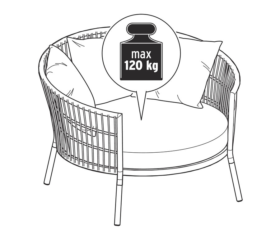 Illustration d'un fauteuil de jardin « Liska » avec coussin de relaxation confortable, supportant un poids maximal de 120 kg.