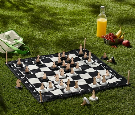 Un jeu d'échecs XL avec des pièces en bois est posé sur l'herbe. À côté, il y a un sac, du jus et des fruits.