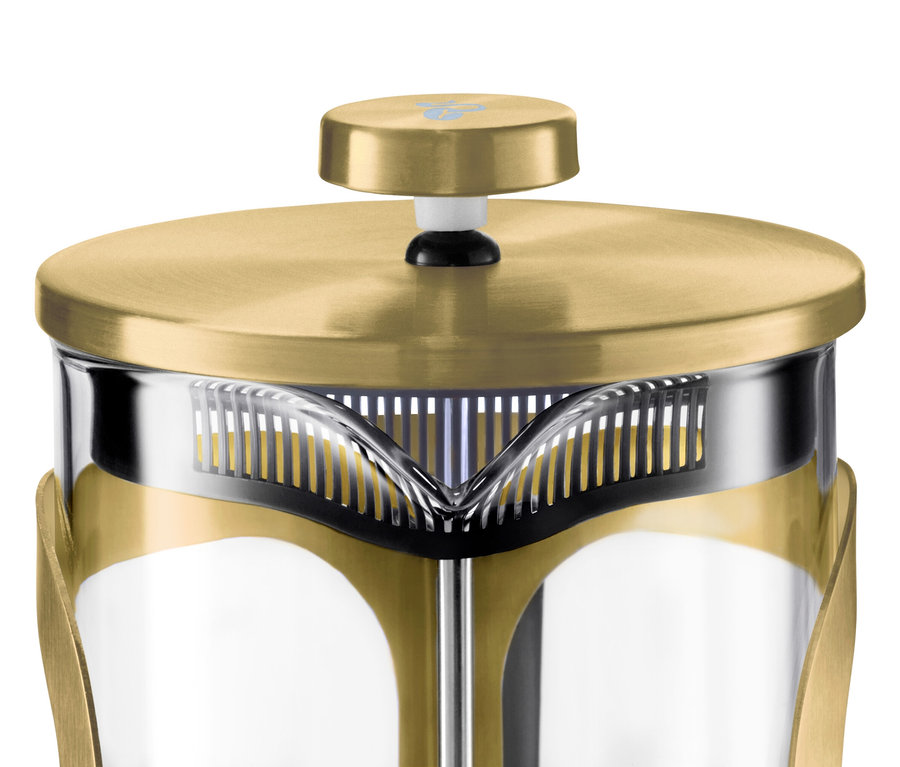 Détail d'une cafetière à piston dorée pour 6 tasses.