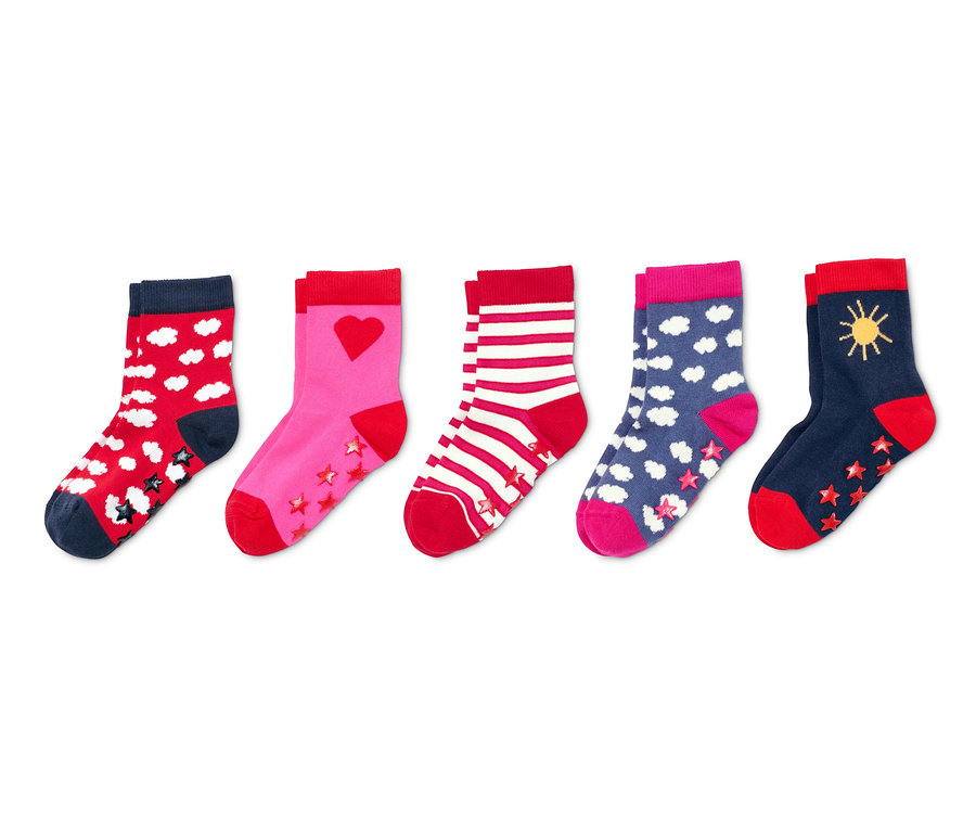 Cinq paires de chaussettes ABS en coton bio avec différents motifs.