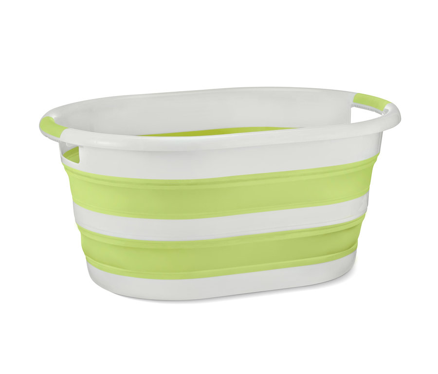 Un panier à linge pliable blanc et vert.