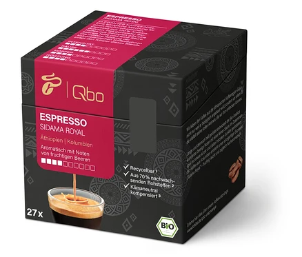 Un paquet de Qbo Espresso SIDAMA ROYAL contenant 27 capsules.