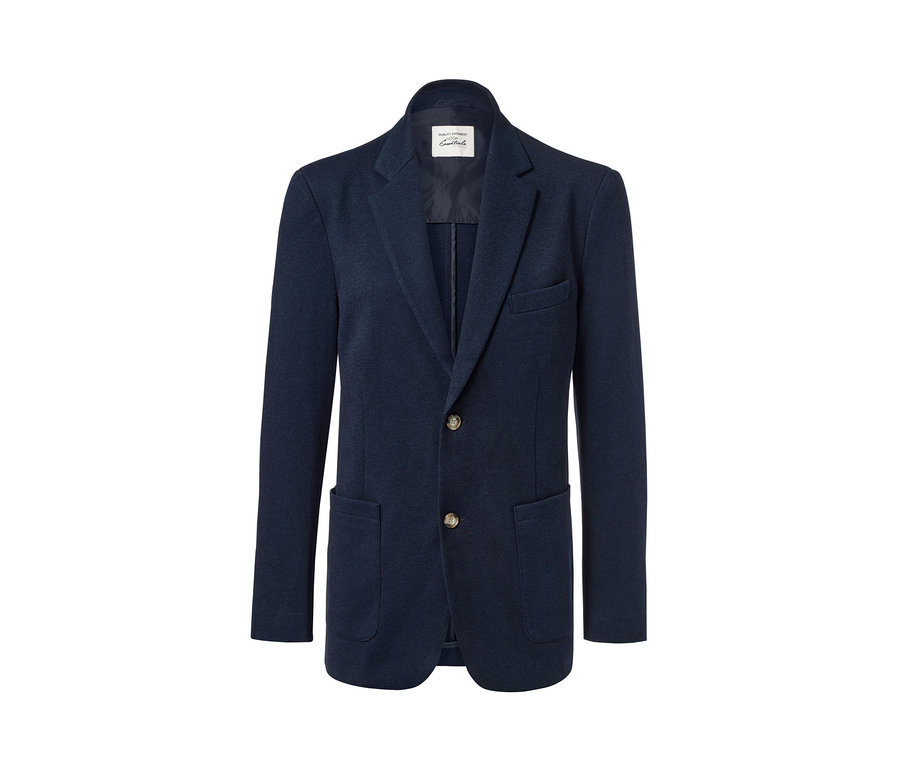 Veston bleu marine avec boutons et poches.