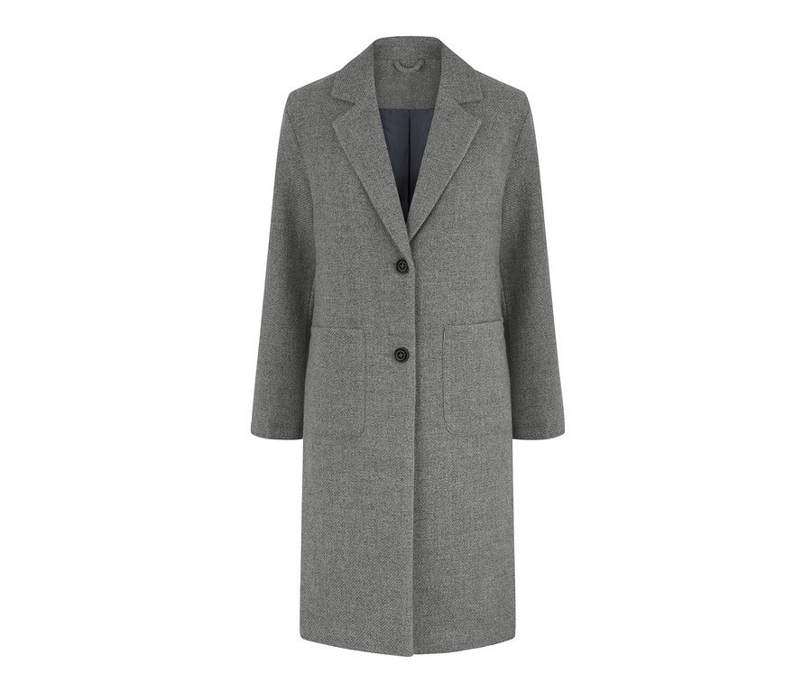 Manteau gris avec deux boutons et poches.