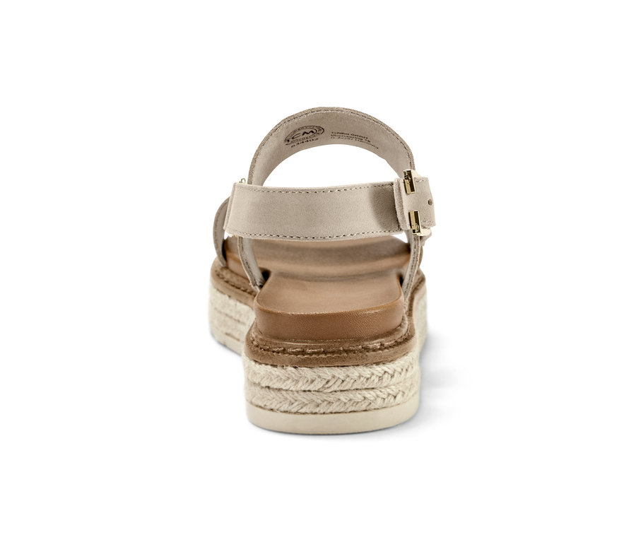 Vue arrière d'une sandale à plateau en cuir avec des brides beige et une plateforme en jute.