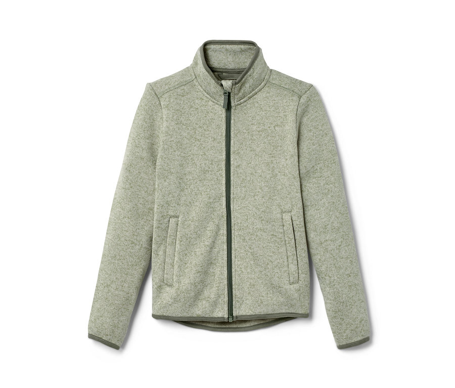 Une veste en maille polaire verte avec une fermeture éclair au centre.