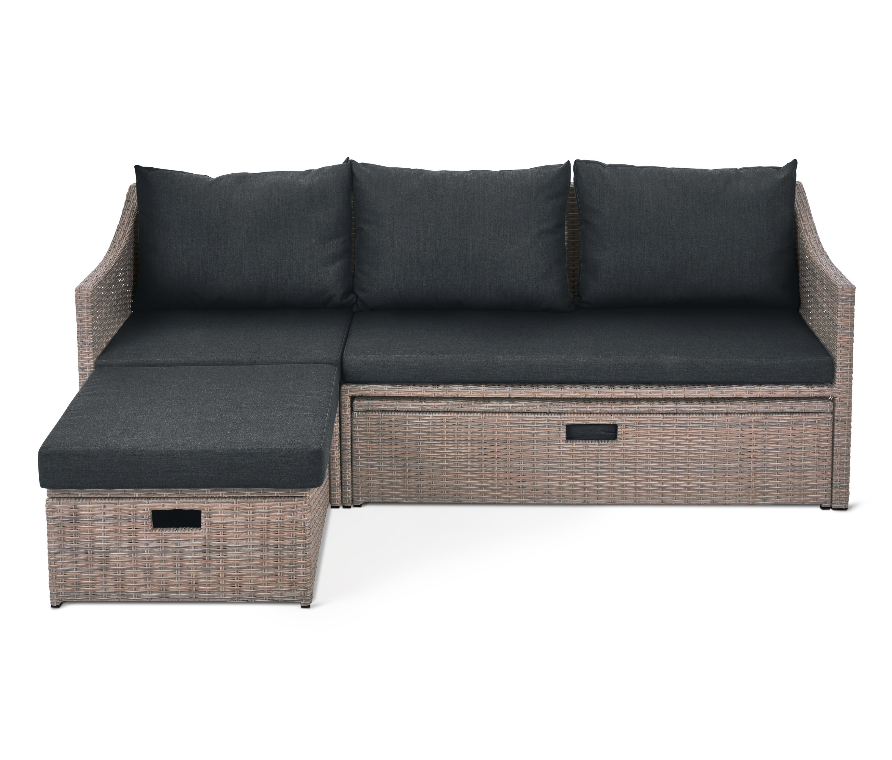 Canapé de jardin extensible « polyrotin » avec coussins et assises gris foncé.