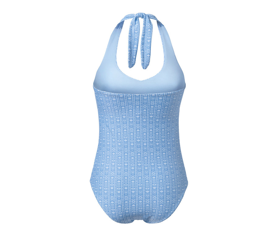 Vue détaillée du maillot de bain avec des matériaux recyclés bleu clair à motif géométrique.
