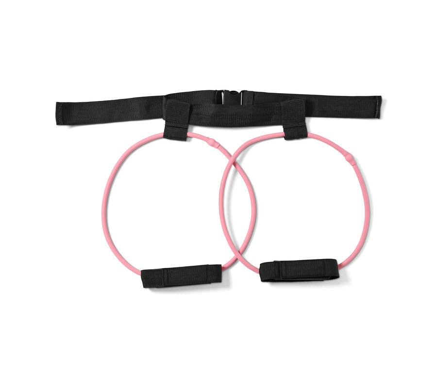 Ceinture noire avec deux élastiques de fitness roses.