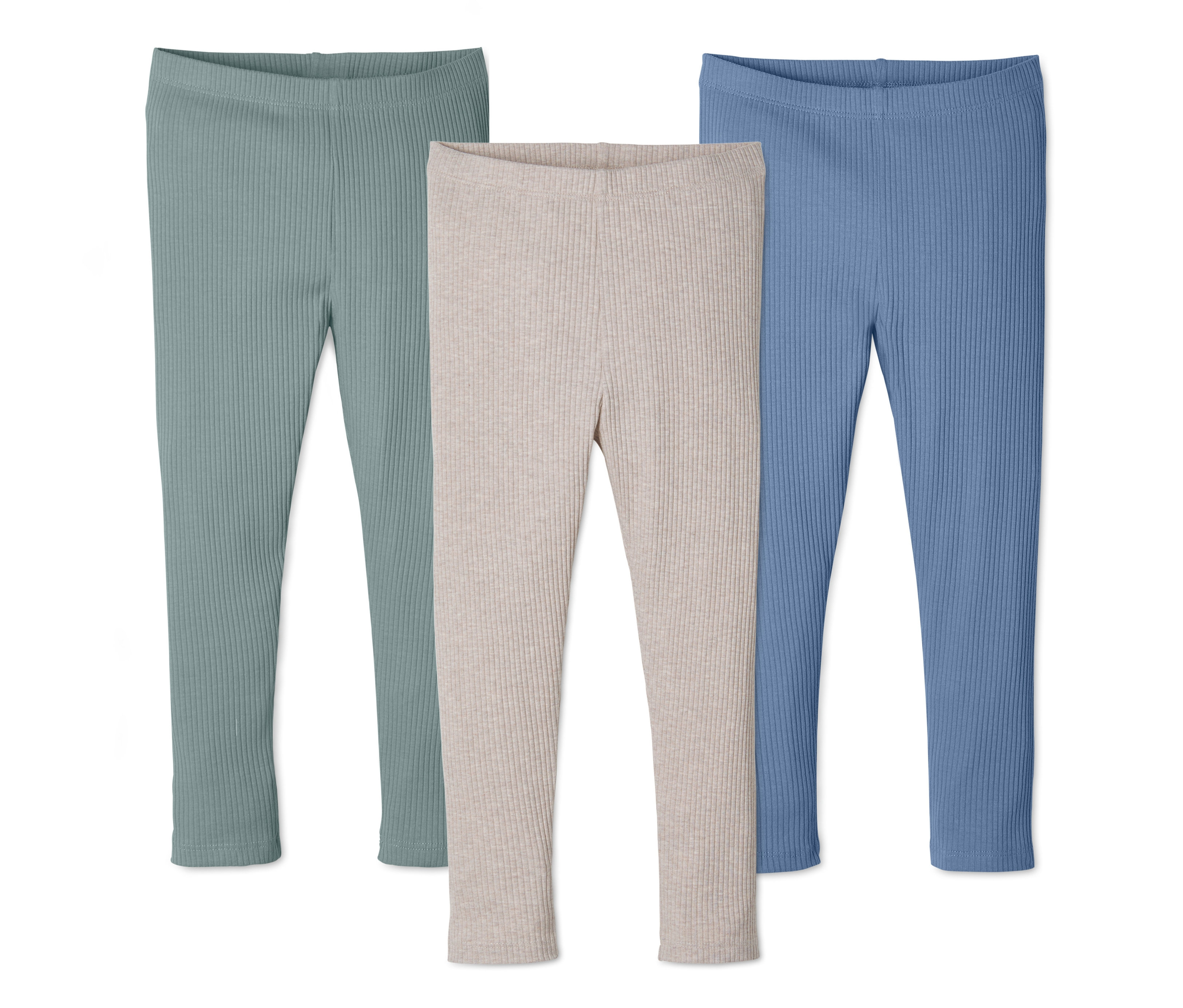 Trois leggings en coton : vert, beige et bleu.