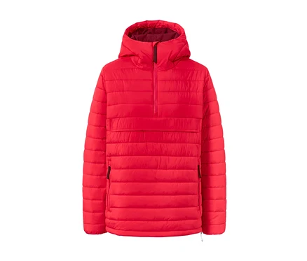 Veste matelassée à capuche rouge sur fond blanc.