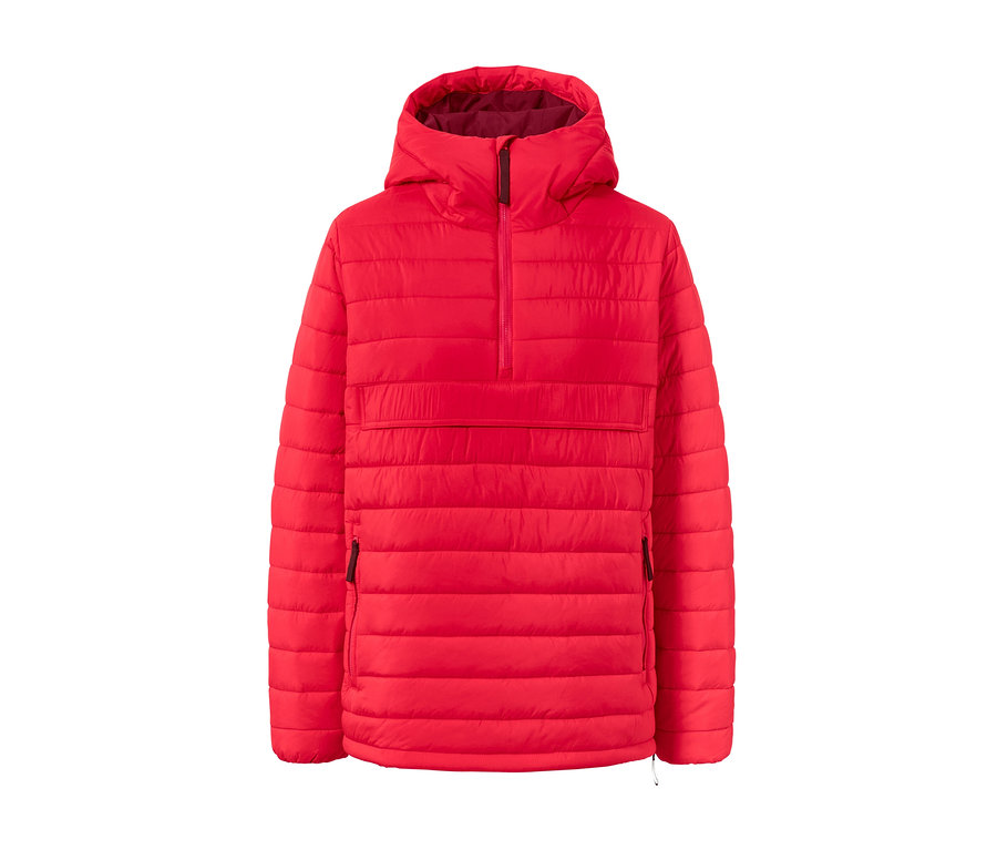 Veste matelassée à capuche rouge sur fond blanc.