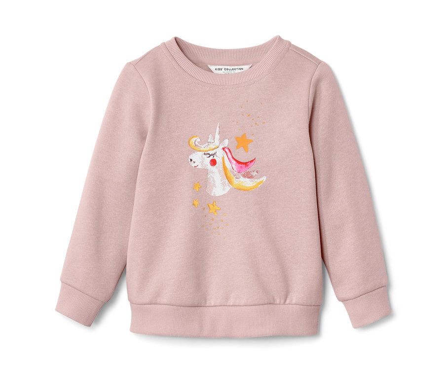 Sweater rose pour enfant avec un motif de licorne.