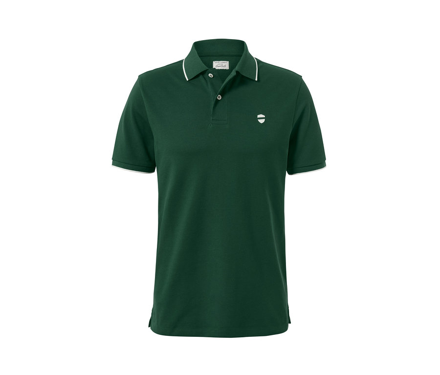 Polo en piqué vert foncé avec bordure blanche au col et aux manches.