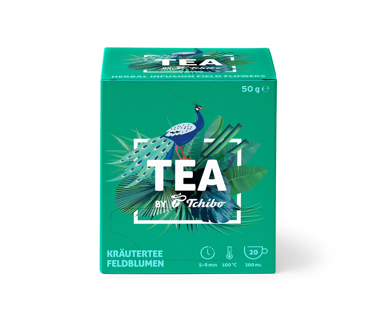 Boîte verte de TEA by Tchibo Infusions aux plantes Fleurs des champs - 8x 20 sachets avec une illustration de paon.