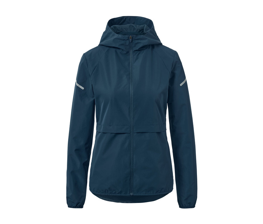 Veste de sport coupe-vent bleue avec fermeture éclair et capuche.