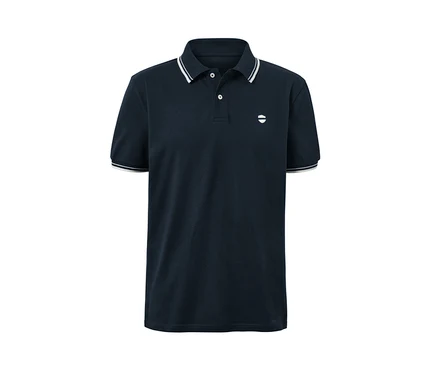 Polo en piqué bleu marine avec des bordures blanches au niveau du col et des manches.