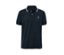 Polo en piqué bleu marine avec des bordures blanches au niveau du col et des manches.