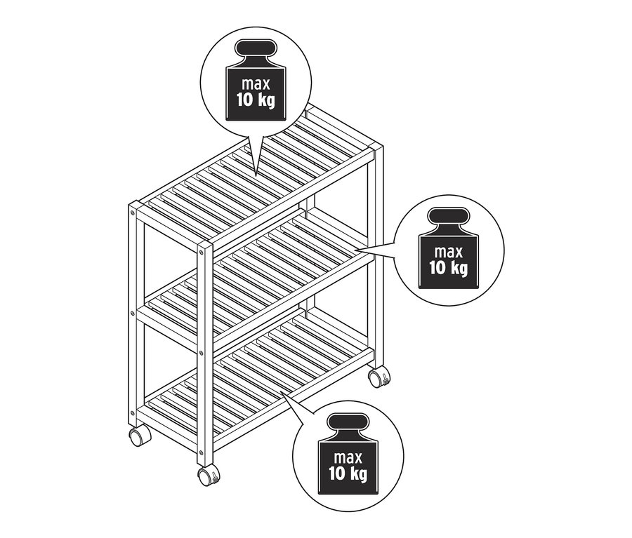 Illustration d'un rayonnage à trois niveaux en bois massif sur roulettes avec une limite de poids de 10 kg par étagère.