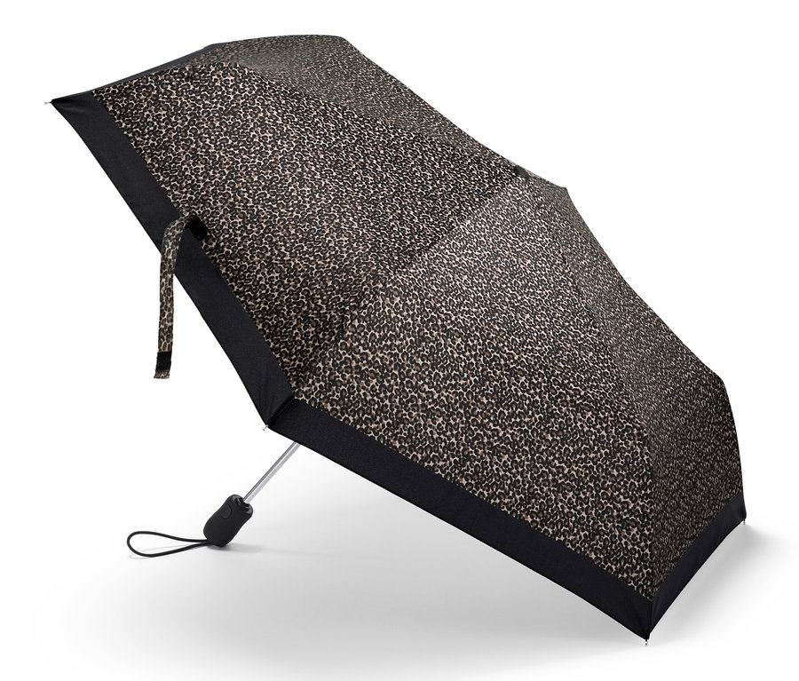 Parapluie de poche automatique ouvert avec motif léopard.