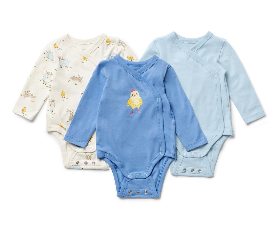 Trois bodys bleus pour bébé avec fonction évolutive.