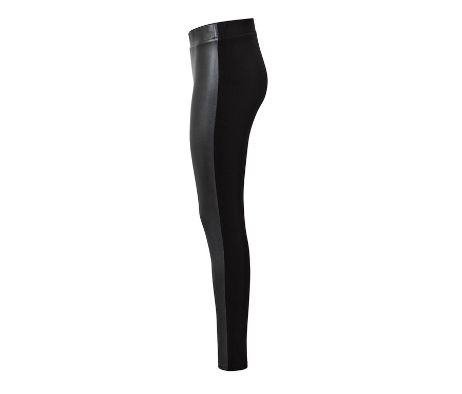 Legging noir en mélange de matériaux avec une bande de cuir sur le côté.