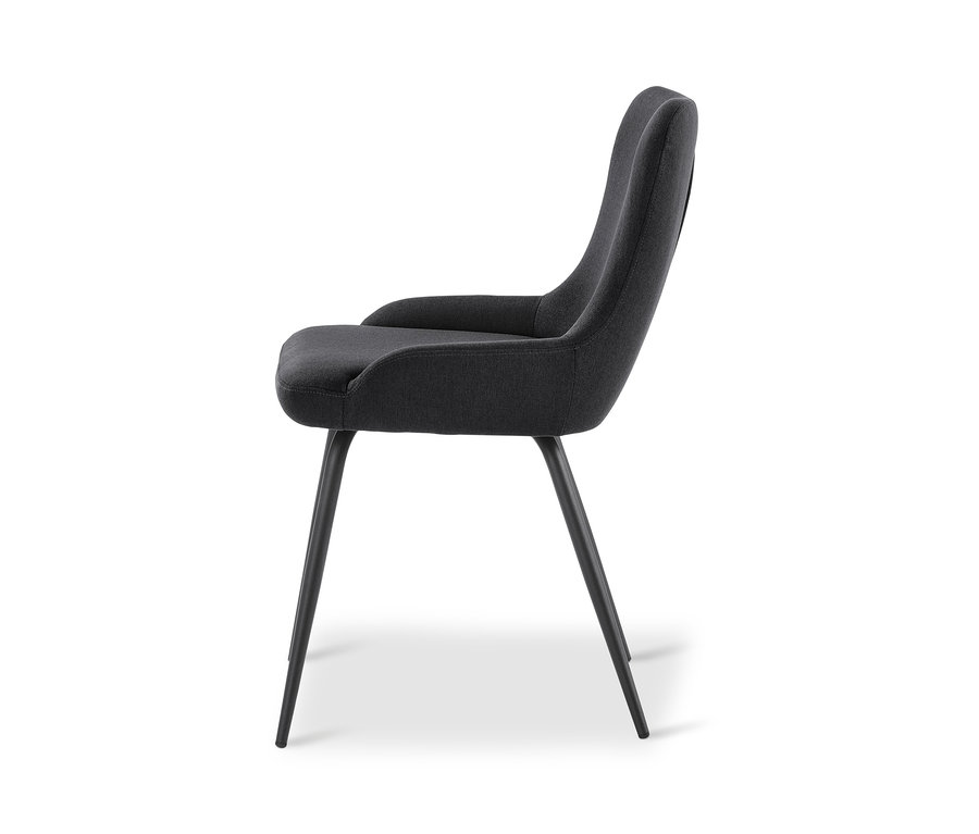 Vue latérale d'une chaise rembourrée anthracite.