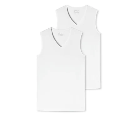 Deux débardeurs blancs SCHIESSER avec coton bio superposés.